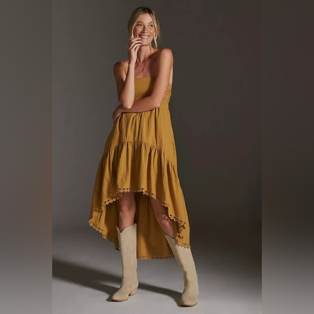 NWT Anthropologie Maeve High-Low Strapless Midi Dress size Medium gold